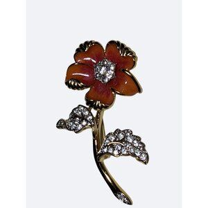Nolan Miller Signed Coral Color Enamel Rhinestones Flower Brooch Vintage